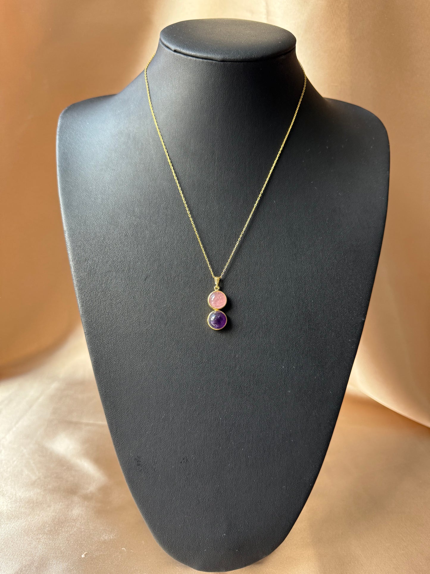 Pembe Kuvars & Ametist Twin Flame Gold Kolye
