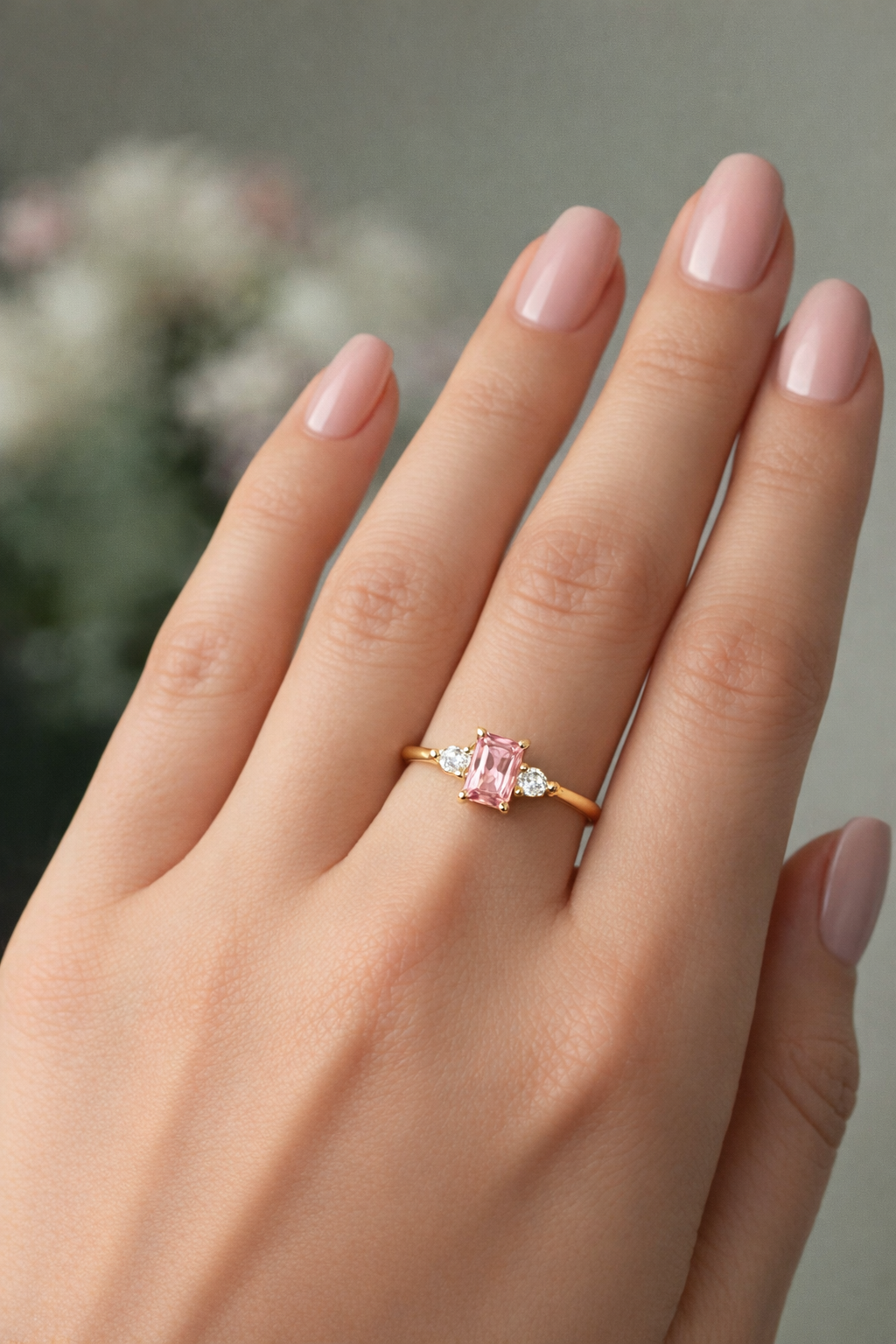 Pembe Kuvars Dikdörtgen Prenses Gold Yüzük
