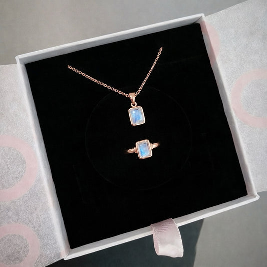 Ay Taşı Dörtgen Kolye & Yüzük Set (Rose Gold)