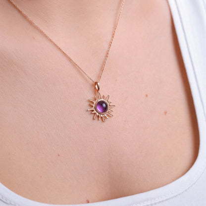 Ametist Minimal Güneş Rose Gold Kolye