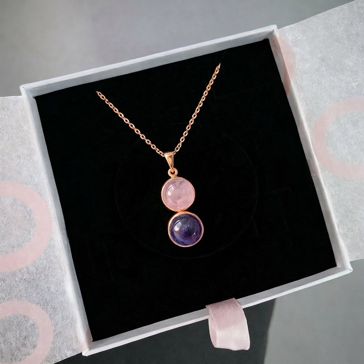 Pembe Kuvars & Ametist Twin Flame Rose Gold Kolye