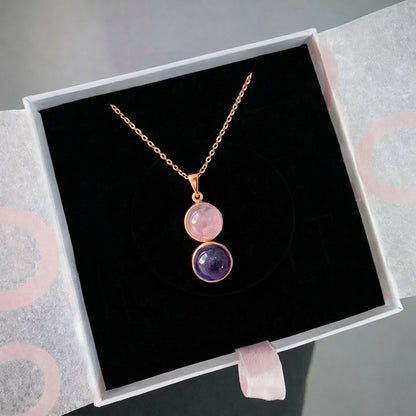 Pembe Kuvars &amp; Ametist Twin Flame Rose Gold Kolye