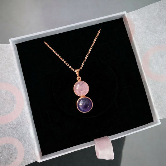 Pembe Kuvars & Ametist Twin Flame Rose Gold Kolye