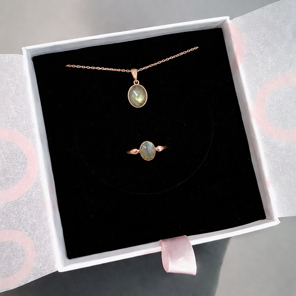 Labradorit Minimal Kolye &amp; Yüzük Set (Rose Gold)