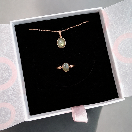 Labradorit Minimal Kolye & Yüzük Set (Rose Gold)