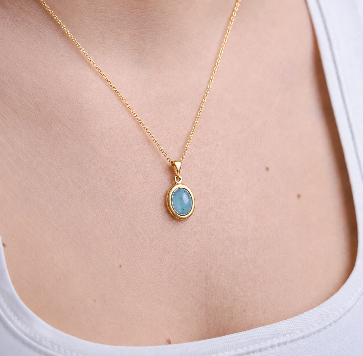 Akuamarin Minimal Vintage Gold Kolye