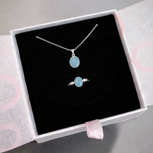 Akuamarin Minimal Kolye & Yüzük Set (Gümüş)
