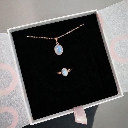 Ay Taşı Minimal Kolye & Yüzük Set ( Rose Gold)