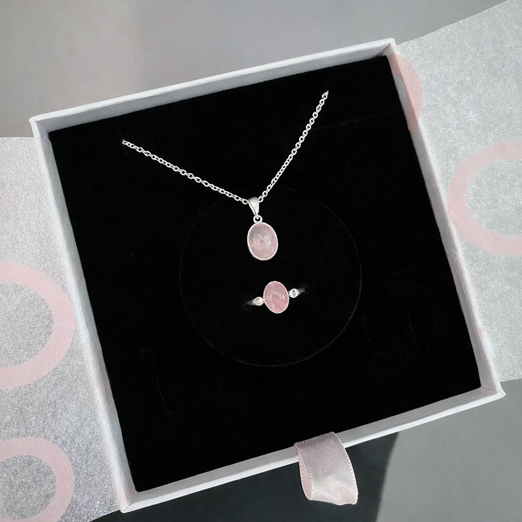 Pembe Kuvars Minimal Kolye &amp; Yüzük Set (Gümüş)
