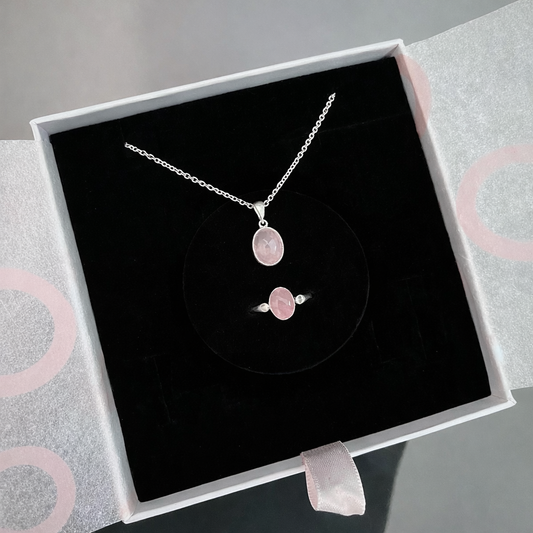 Pembe Kuvars Minimal Kolye & Yüzük Set (Gümüş)