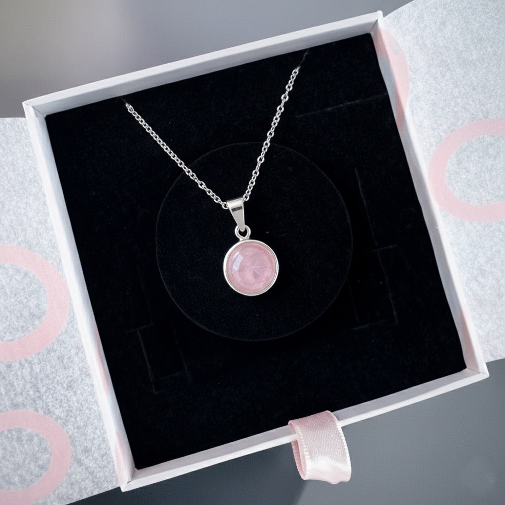 Pembe Kuvars Yuvarlak Gümüş Kolye