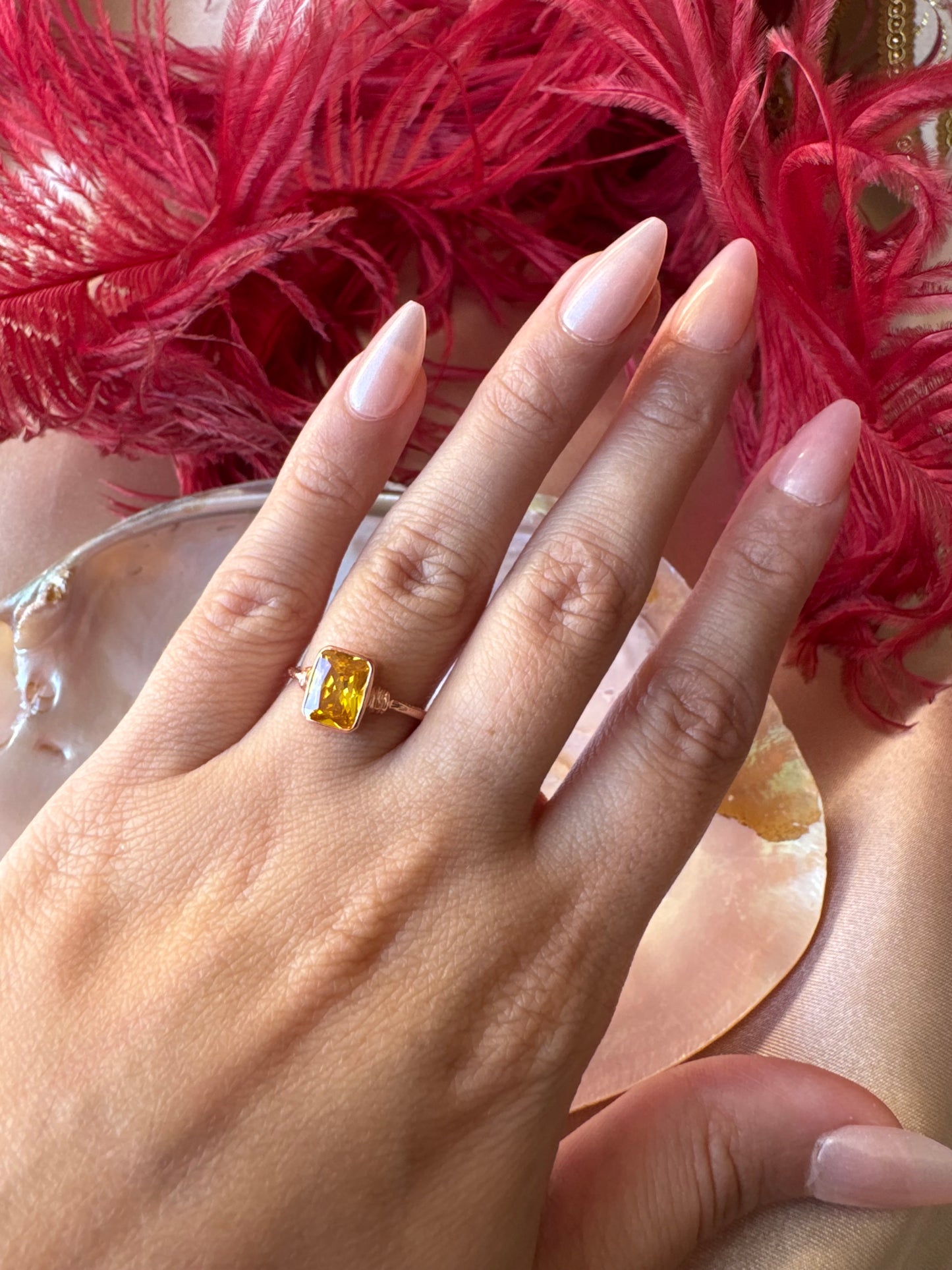 Sitrin Dörtgen Rose Gold Yüzük