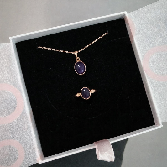 Ametist Minimal Kolye Yüzük Set (Rose Gold)