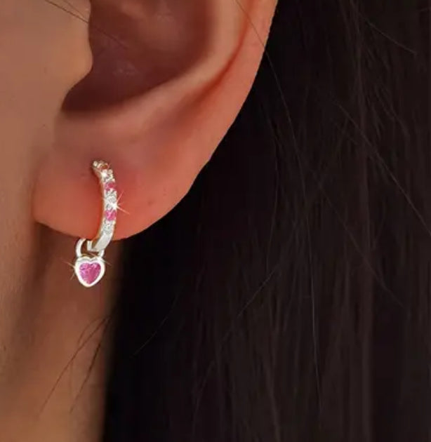 Pembe Kuvars Minimal Kalp Gümüş Küpe