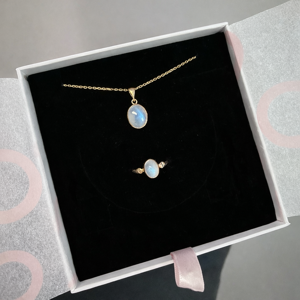 Ay Taşı Minimal Kolye & Yüzük Set (Gold)