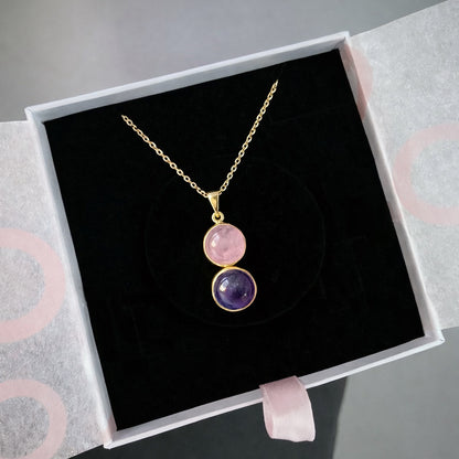 Pembe Kuvars &amp; Ametist Twin Flame Gold Kolye