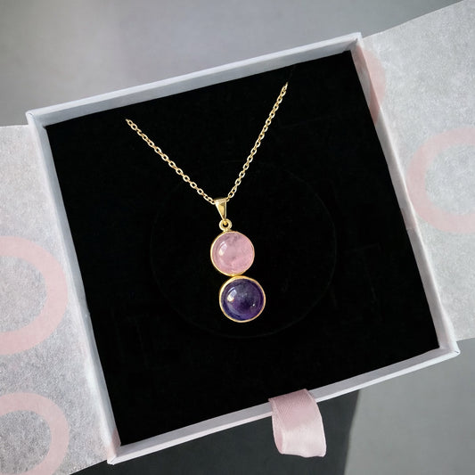 Pembe Kuvars & Ametist Twin Flame Gold Kolye
