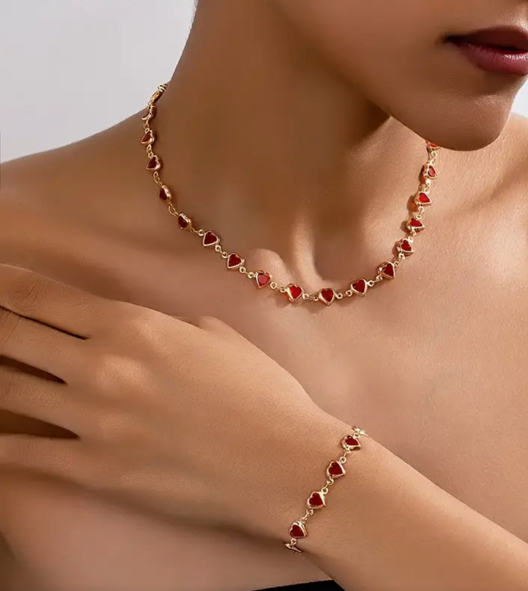 Kırmızı Taşlı Lovely Gold Renk Set (Kolye &amp; Bileklik)