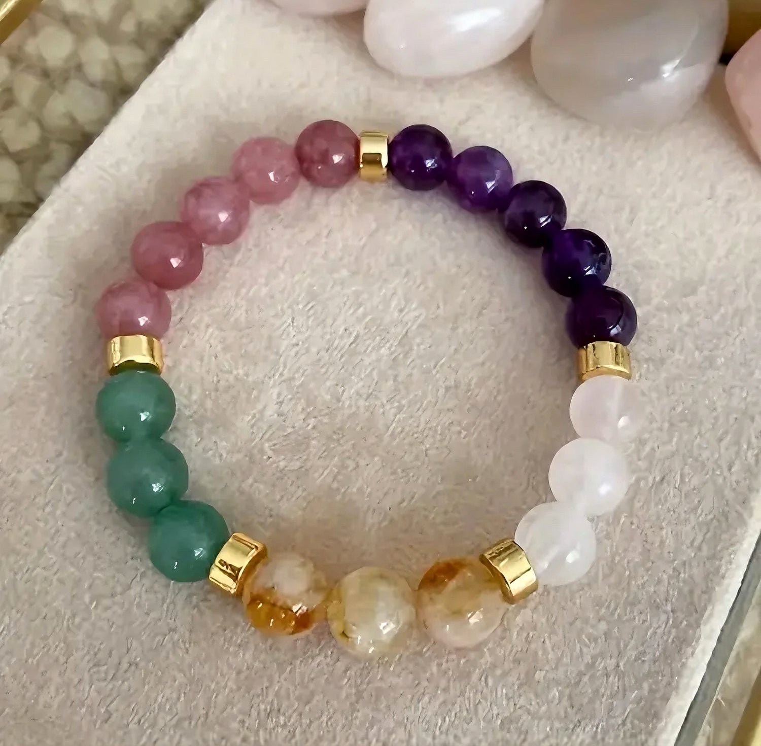Pembe Kuvars &amp; Ametist &amp; Kristal Kuvars &amp; Sitrin &amp; Aventurin 5i Yerde Bileklik (8 mm)