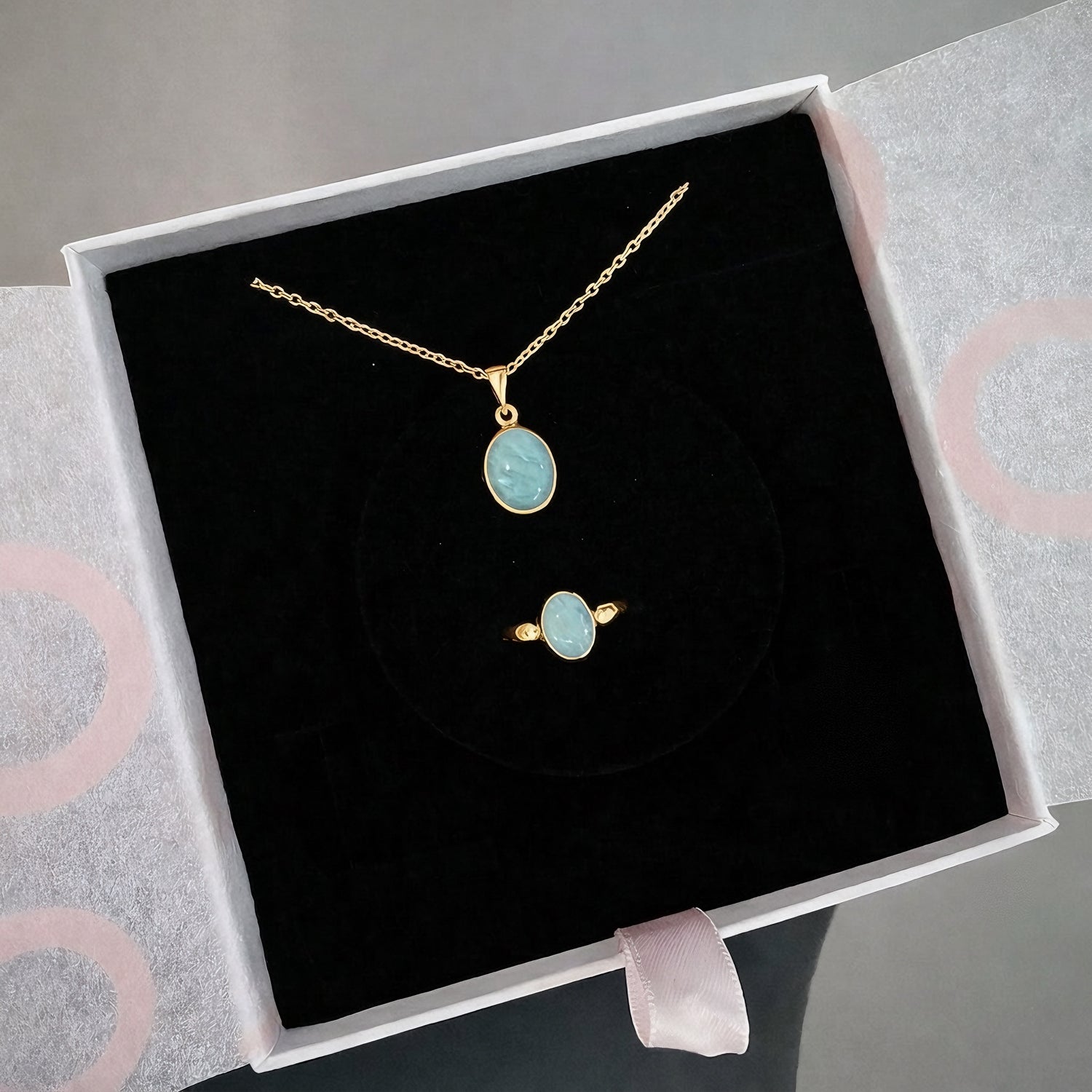 Amazonit Minimal Kolye &amp; Yüzük Set (Gold)