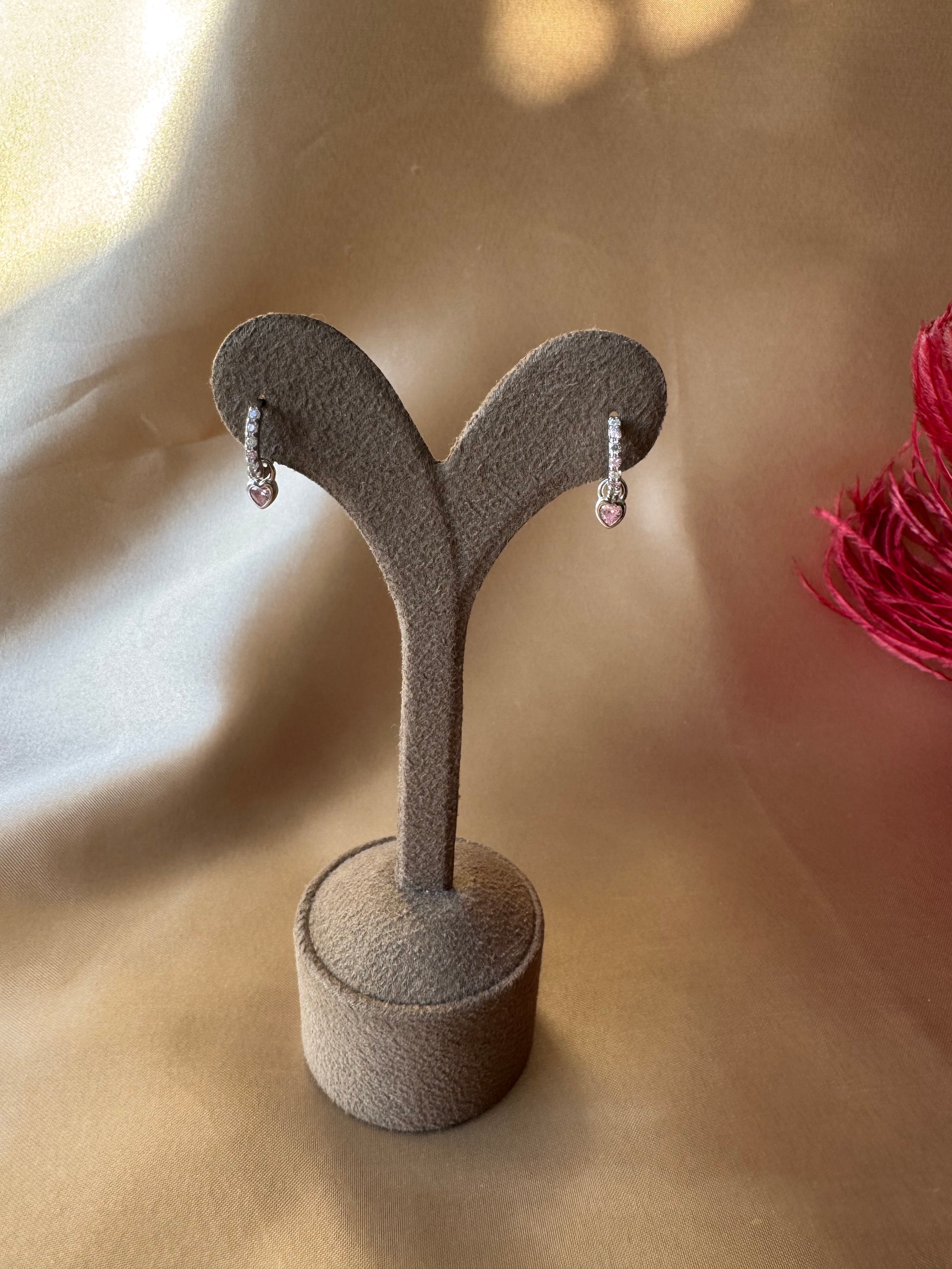 Pembe Kuvars Minimal Kalp Gümüş Küpe