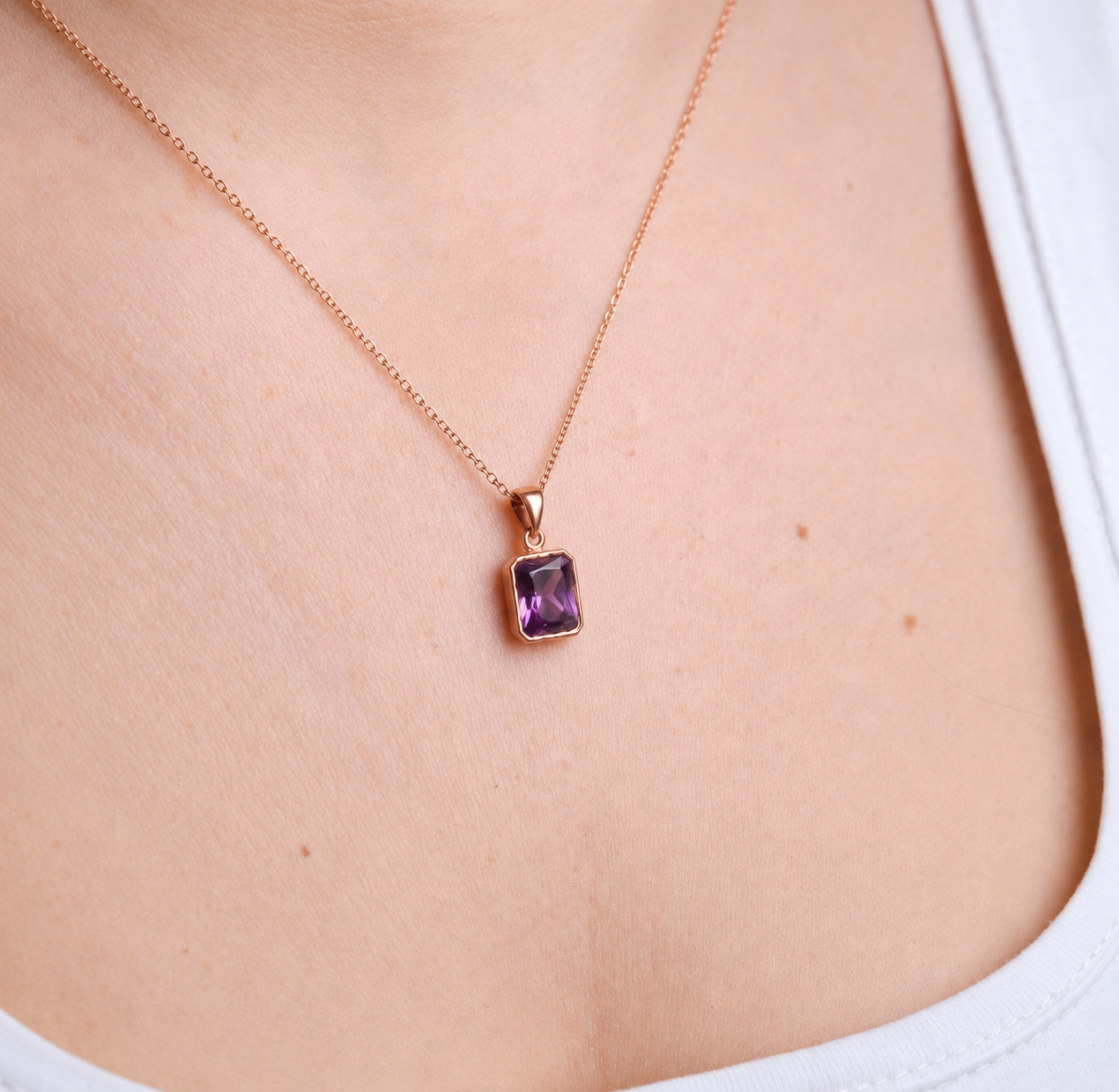 Ametist Minimal Dörtgen Rose Gold Kolye