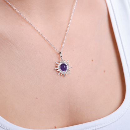 Ametist Minimal Güneş Gümüş Kolye