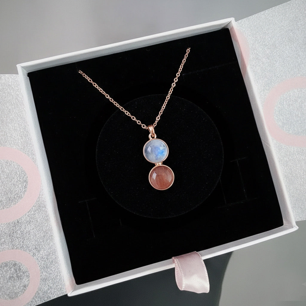 Ay Taşı & Güneş Taşı Twin Flame Rose Gold Kolye