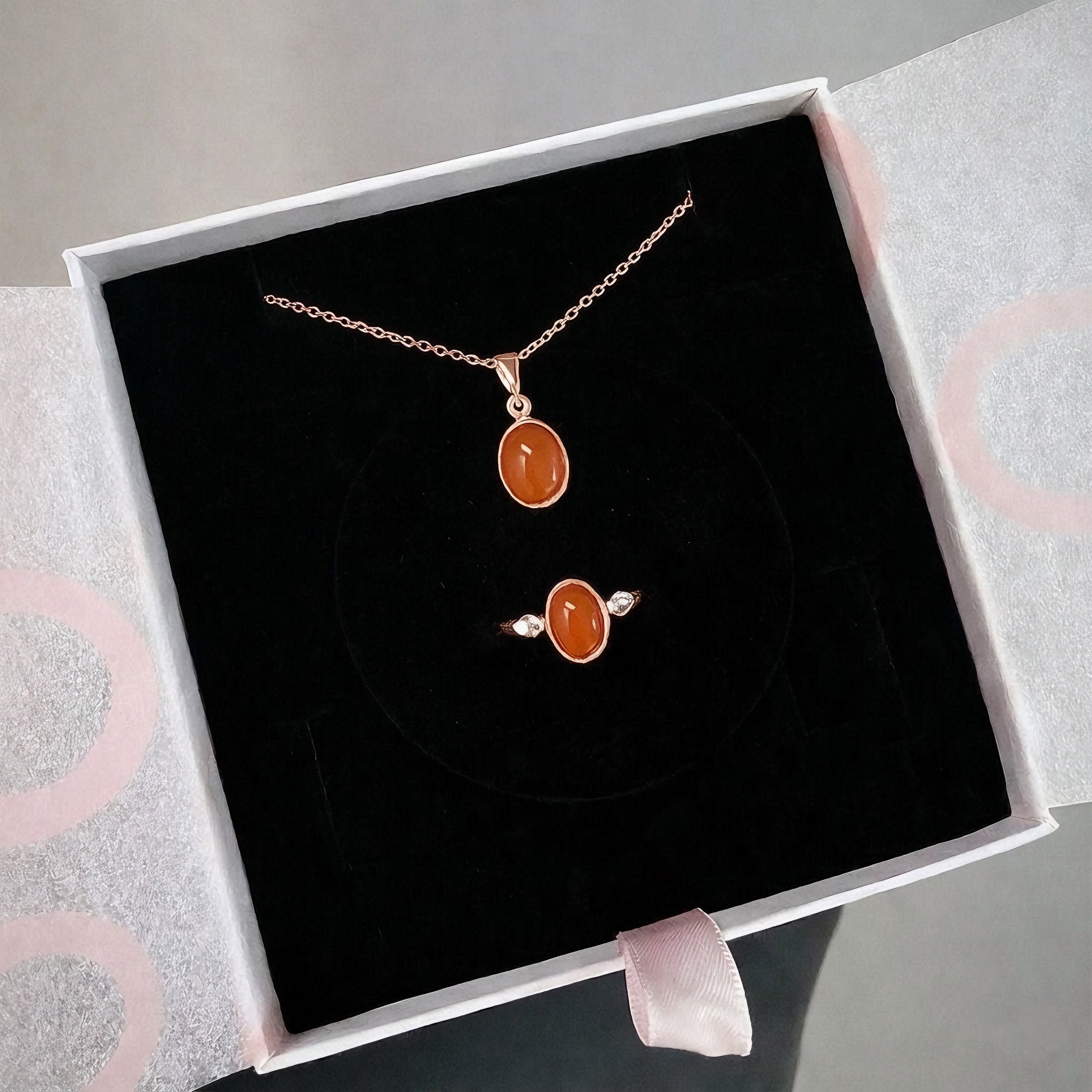Akik Minimal Kolye &amp; Yüzük Set (Rose Gold)
