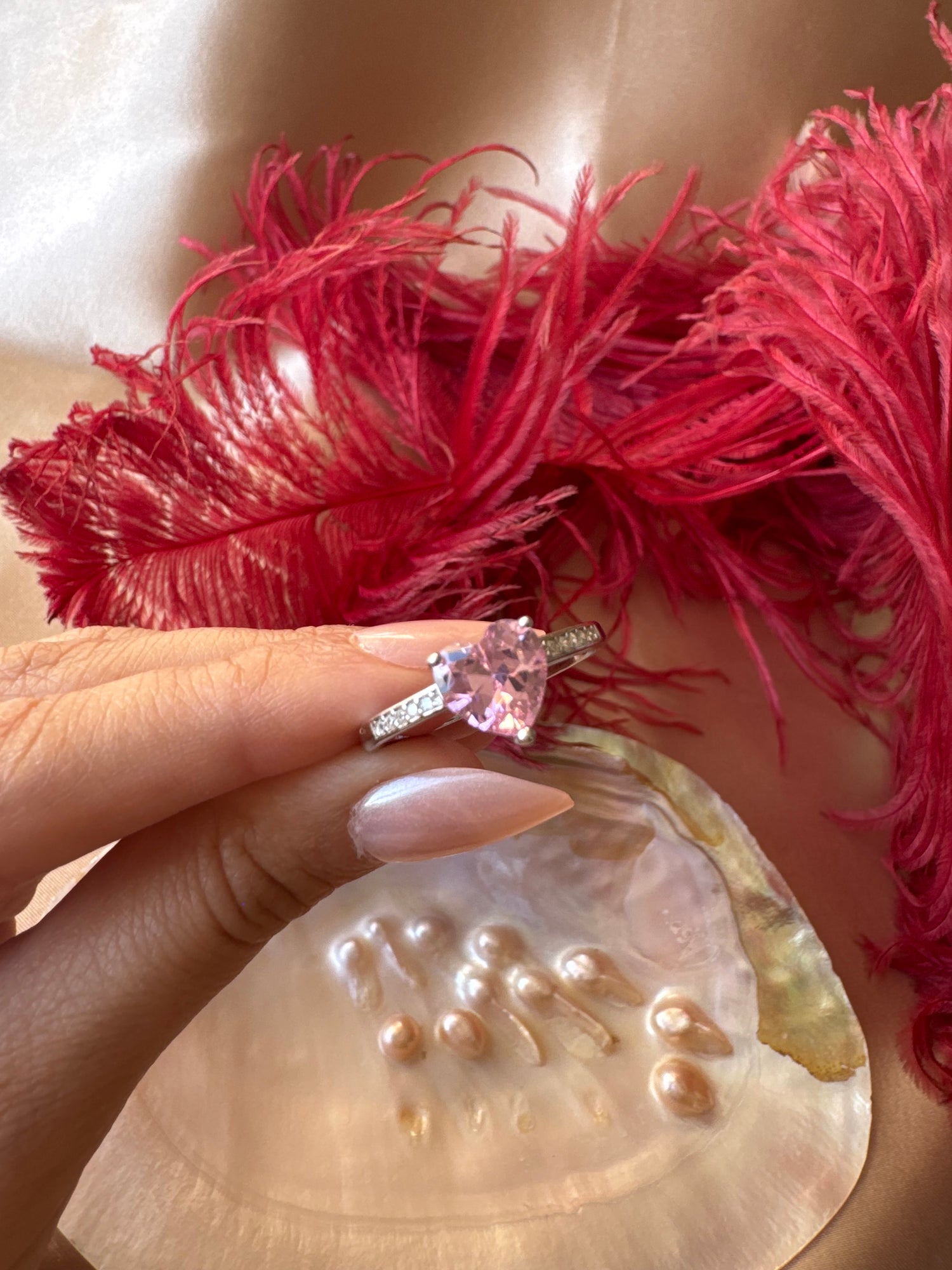 Pembe Kuvars Kalp Gümüş Yüzük