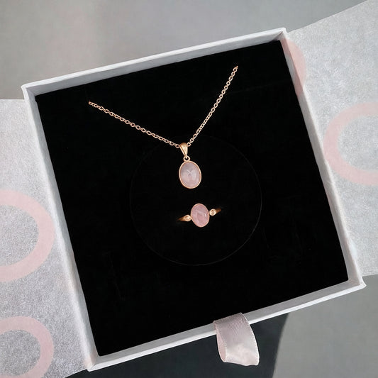 Pembe Kuvars Minimal Kolye & Yüzük Set (Rose Gold)