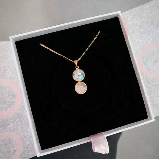 Ay Taşı & Pembe Kuvars Twin Flame Gold Kolye