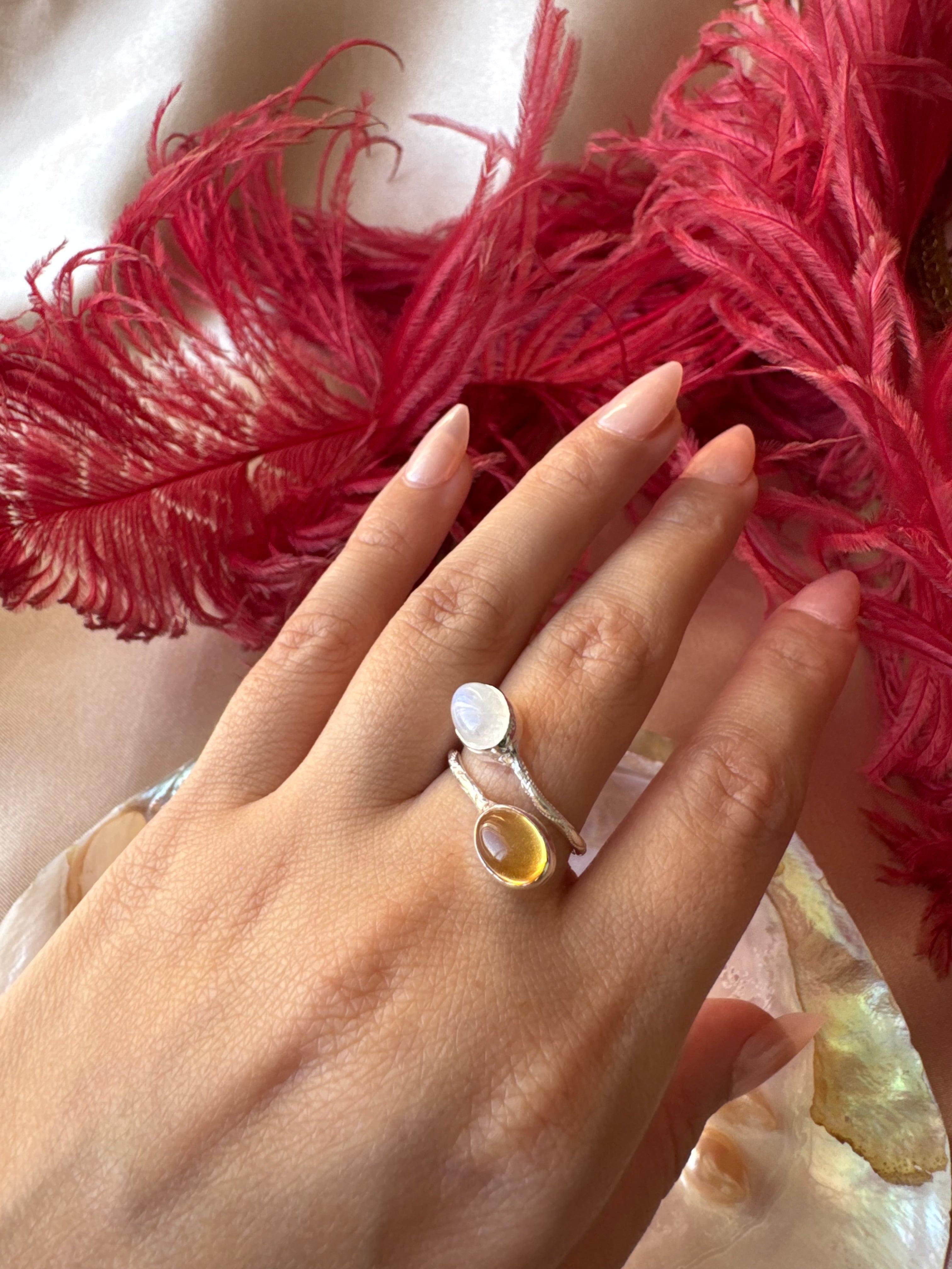 Ay Taşı &amp; Sitrin Twin Flame Gümüş Yüzük