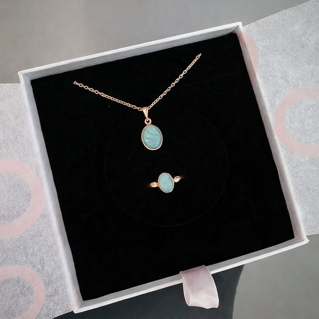 Amazonit Minimal Kolye &amp; Yüzük Set (Rose Gold)