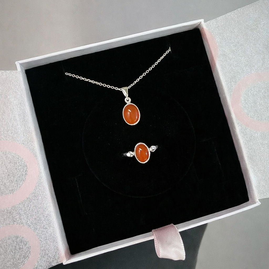 Akik Minimal Kolye &amp; Yüzük Set (Gümüş)