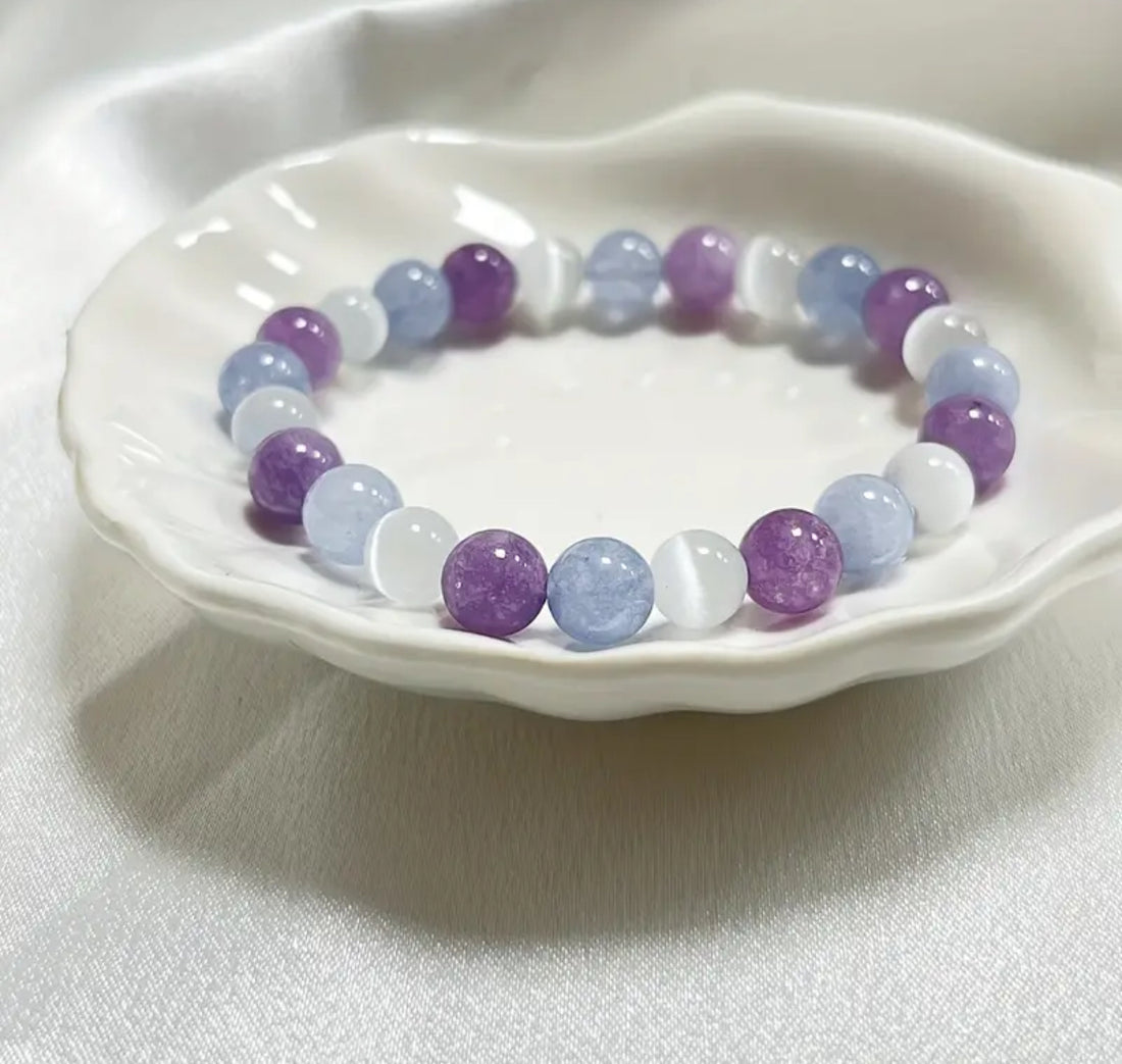 Ametist & Angelit & Selenit Angel Bileklik (8 mm)