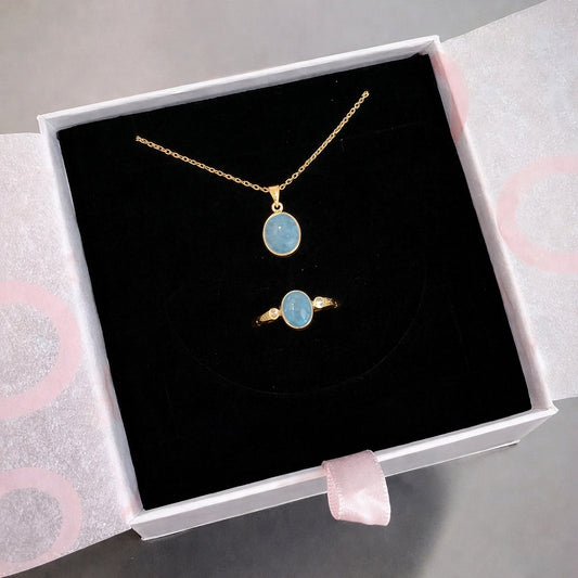 Akuamarin Minimal Kolye & Yüzük Set (Gold)
