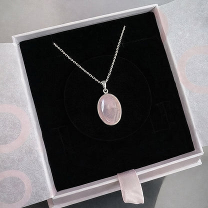 Pembe Kuvars Büyük Oval Gümüş Kolye