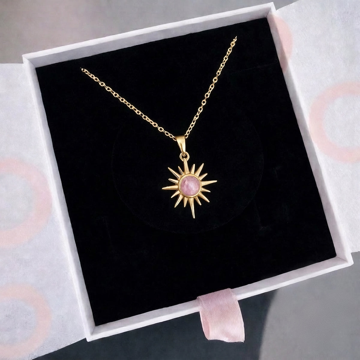 Pembe Kuvars Kuzey Yıldızı Gold Kolye