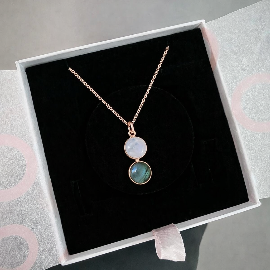 Ay Taşı & Labradorit Twin Flame Rose Gold Kolye