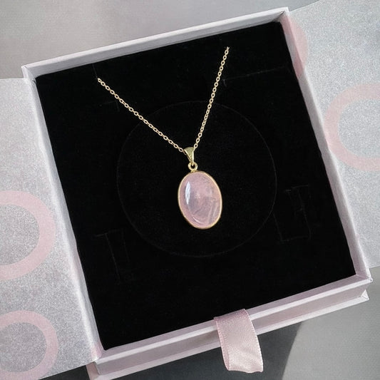 Pembe Kuvars Büyük Oval Gold Kolye