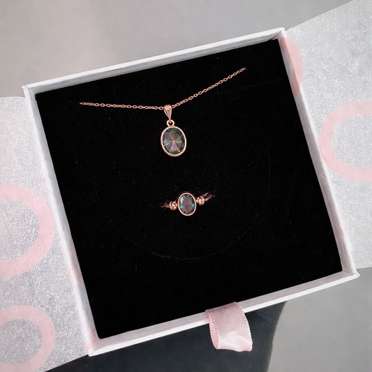 Mistik Topaz Minimal Kolye & Yüzük Set (Rose Gold)