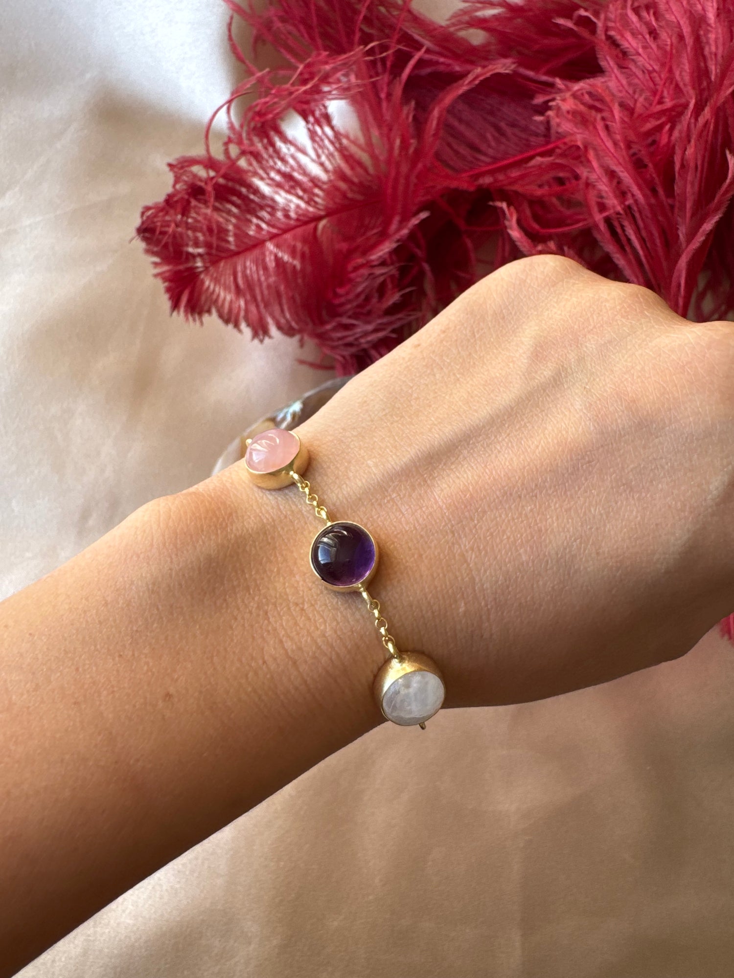 Ay Taşı &amp; Pembe Kuvars &amp; Ametist Trinity Gold Bileklik