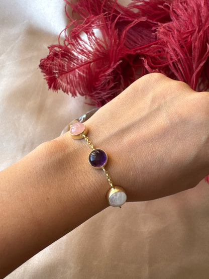 Ay Taşı &amp; Pembe Kuvars &amp; Ametist Trinity Gold Bileklik