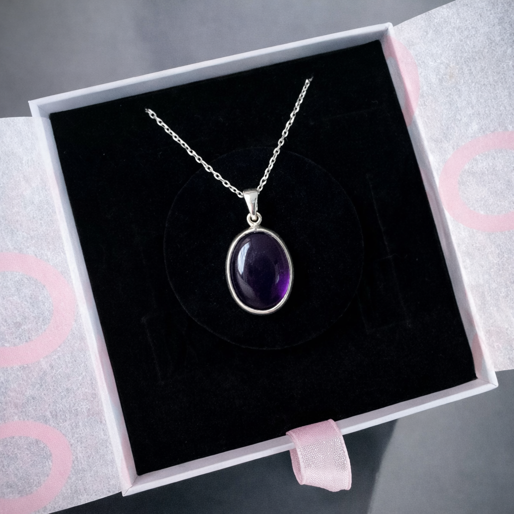 Ametist Büyük Oval Gümüş Kolye