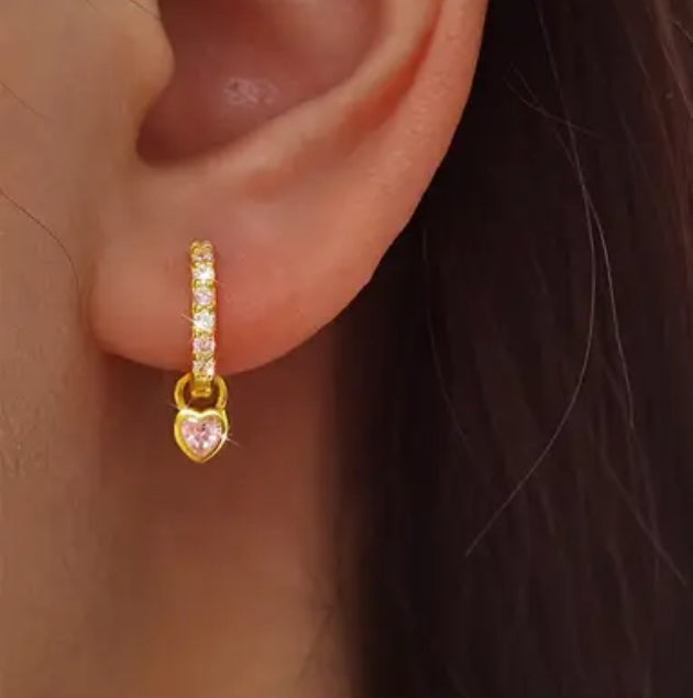 Pembe Kuvars Minimal Kalp Gold Küpe
