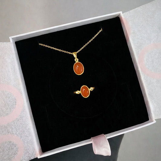 Akik Minimal Kolye & Yüzük Set (Gold)