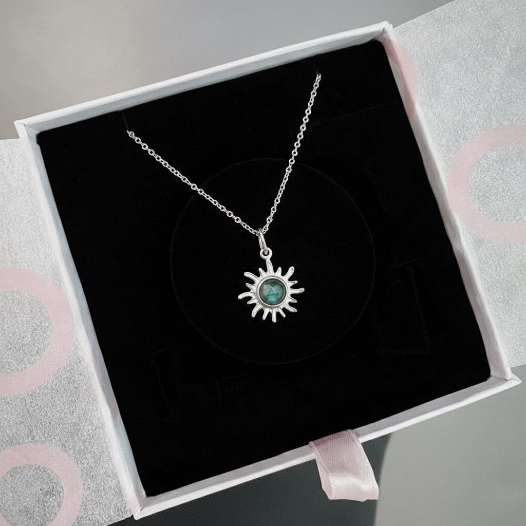 Labradorit Minimal Güneş Gümüş Kolye