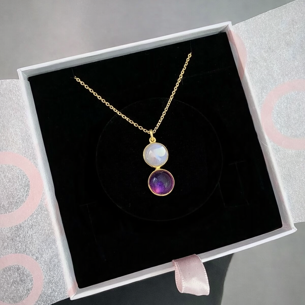 Ay Taşı & Ametist Twin Flame Gold Kolye