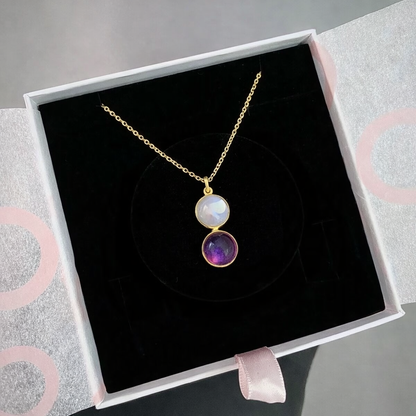 Ay Taşı &amp; Ametist Twin Flame Gold Kolye